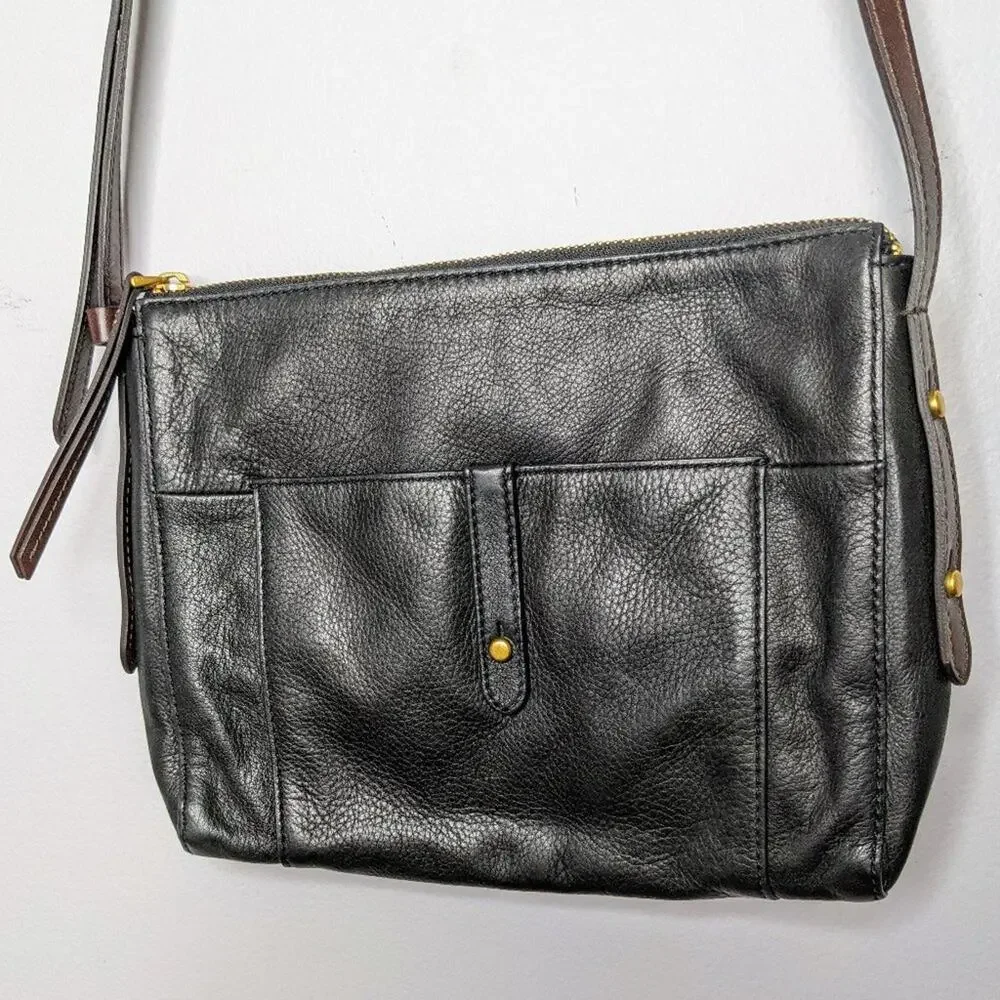 Fossil Black Gold Leather Zip Top Crossbody Bag